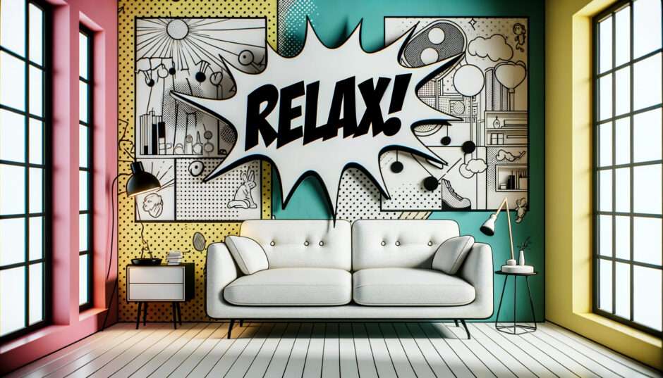 ソファーと壁画から、リラックスできる空間を想像させる