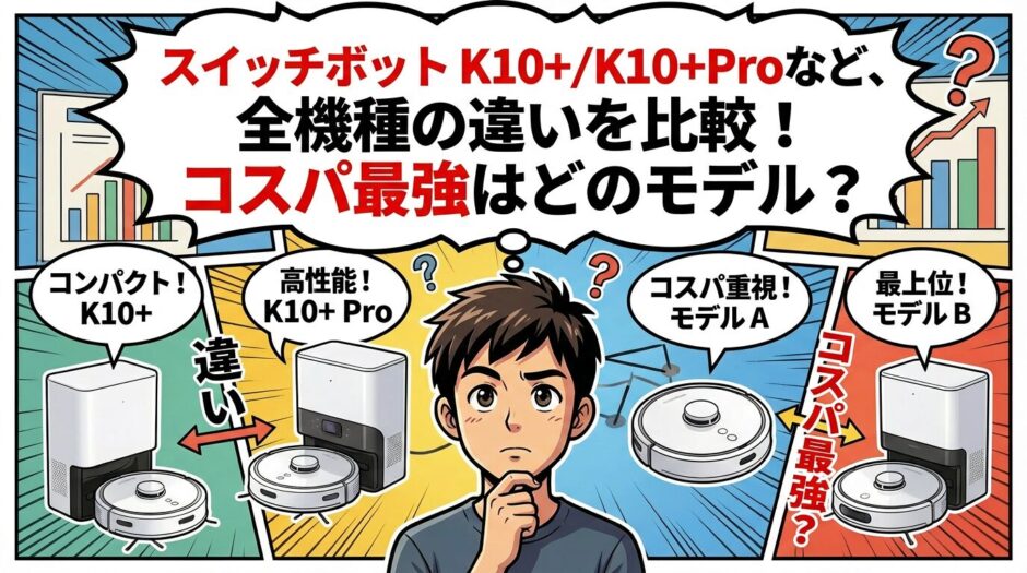 SwitchBotのロボット掃除機K10+、K10+ Pro、モデルA、モデルBの全機種比較。コスパ最強モデルを検証するブログのアイキャッチ画像。
