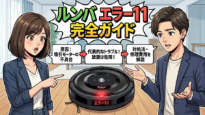 「ルンバ エラー11 完全ガイド」と書かれたブログ用イラスト。男女が赤く点滅しエラー11と表示されたルンバを指差し、原因が吸引モーターの不具合であることや、放置の危険性、対処法・修理費用を解説することを伝えている画像。