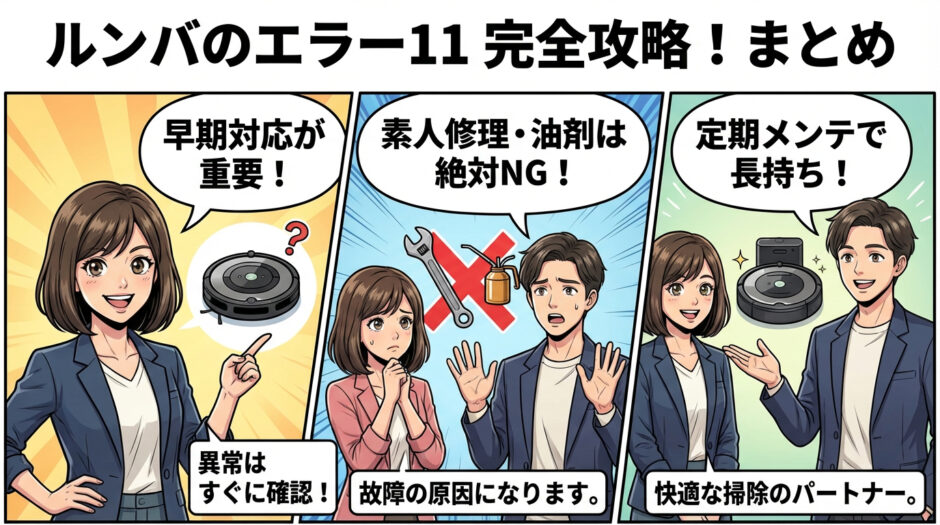 「ルンバのエラー11 完全攻略!まとめ」のイラスト。左パネルで早期対応の重要性、中央パネルで素人修理や油剤使用がNGであること、右パネルで定期メンテナンスによる長持ちの秘訣を3ステップで紹介している画像。