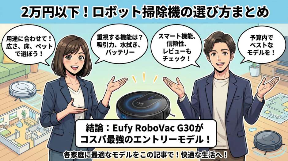 「2万円以下!ロボット掃除機の選び方まとめ」の画像。用途・機能・予算での選び方を解説し、結論としてEufy RoboVac G30を推奨しているまとめイラスト。