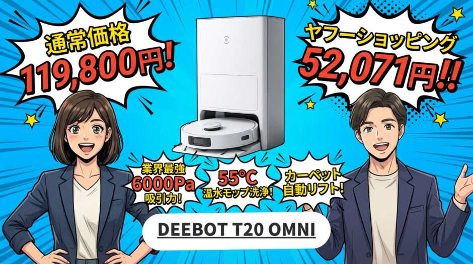 DEEBOT T20 OMNIのセール情報。通常価格119,800円がヤフーショッピングで52,071円になる案内と、6000Paの吸引力、55度温水モップ洗浄などの機能解説。