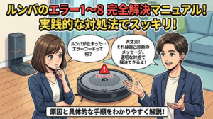 「ルンバのエラー1〜8 完全解決マニュアル！」と書かれたアイキャッチ。エラーコードに困惑する女性に対し、男性が「自己診断メッセージなので適切な対処で解決できる」とアドバイスしている、初心者向けの解説イラスト。