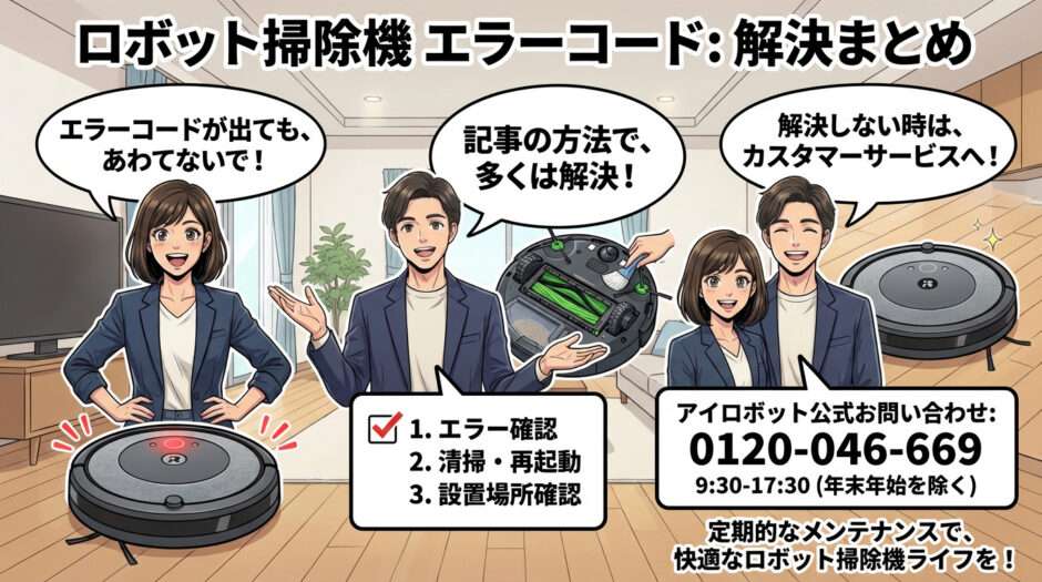 「ロボット掃除機 エラーコード:解決まとめ」の画像。エラー確認・清掃・設置場所確認の重要性と、解決しない場合のアイロボット公式問い合わせ先(0120-046-669)を明記したイラスト。