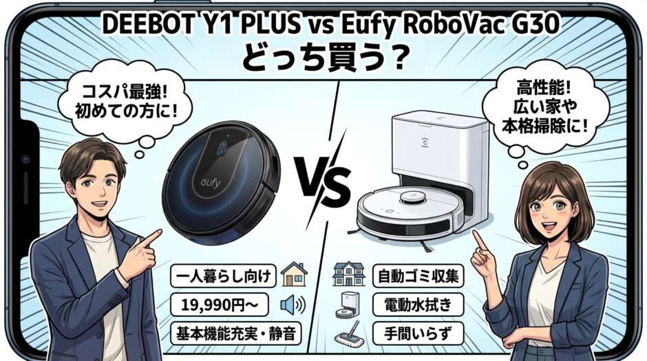 DEEBOT Y1 PLUS(ECOVACS)と Eufy RoboVac G30(Anker)を比較。一人暮らし向けの低価格モデルか、自動ゴミ収集付きの高性能モデルか、どっちを買うべきか解説する比較図。