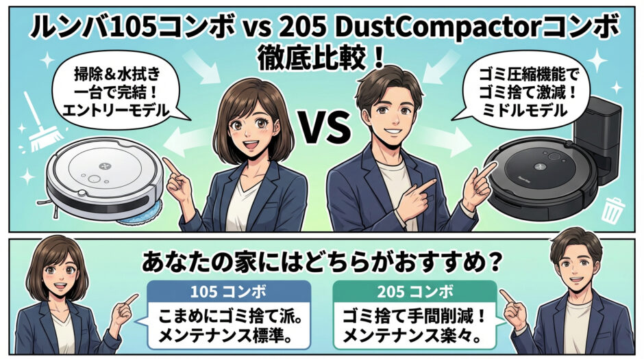 Roomba 105 コンボと205 DustCompactor コンボの特長と性能を比較