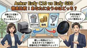 Anker Eufy C10 と Eufy G30 のロボット掃除機を徹底比較する解説イラスト 左側は自動ゴミ収集ステーションを備えた C10 で手間を減らしたい忙しい人向け 右側は手頃な価格でパワフルな G30 でコスパ重視の人向けと紹介されています 中央には掃除の手間 価格 性能の比較アイコンが描かれており生活スタイルや部屋の広さに合わせた選び方を提案する内容