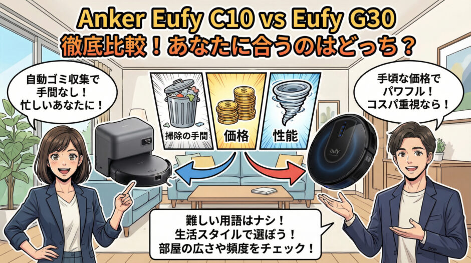 Anker Eufy C10 と Eufy G30 のロボット掃除機を徹底比較する解説イラスト 左側は自動ゴミ収集ステーションを備えた C10 で手間を減らしたい忙しい人向け 右側は手頃な価格でパワフルな G30 でコスパ重視の人向けと紹介されています 中央には掃除の手間 価格 性能の比較アイコンが描かれており生活スタイルや部屋の広さに合わせた選び方を提案する内容