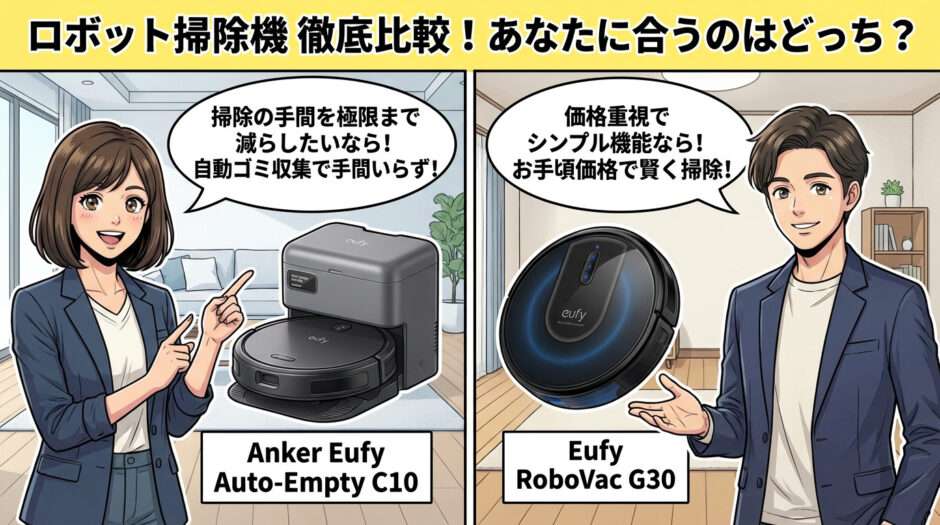 Anker Eufy C10 と Eufy G30 のロボット掃除機比較解説アイキャッチ画像 中央に掃除の手間や価格や性能を比較するアイコンが配置され 左側には自動ゴミ収集ステーション付きの C10 を忙しい人向けに紹介する女性キャラクター 右側にはコスパ重視の人向けにパワフルな G30 を紹介する男性キャラクターが描かれています 難しい用語なしで生活スタイルや部屋の広さに合わせた選び方を提案するブログ用画像です